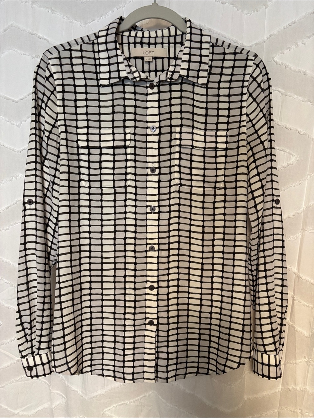 LOFT Cream Blouse with Dark Brown Grid Print